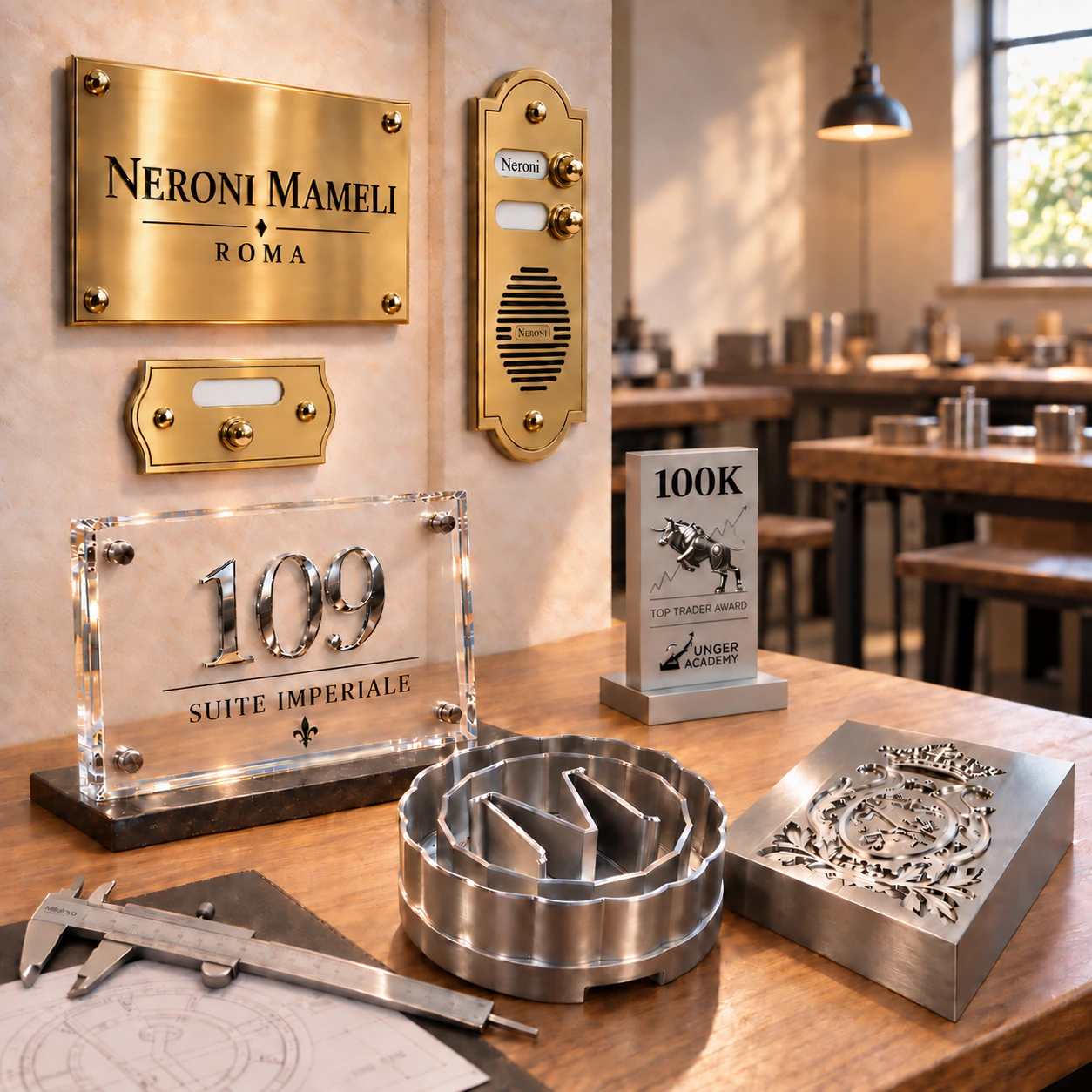 Scena fotografica illustrativa dei prodotti Neroni Mameli: targa e campanello in ottone, pulsantiera con nome Neroni, targa hotel in plex trasparente, premio, stampo e particolari meccanici su un banco di lavoro